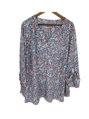 Catherines Soft Floral Print Button Down Blouse With Long Sleeves Size 3X
